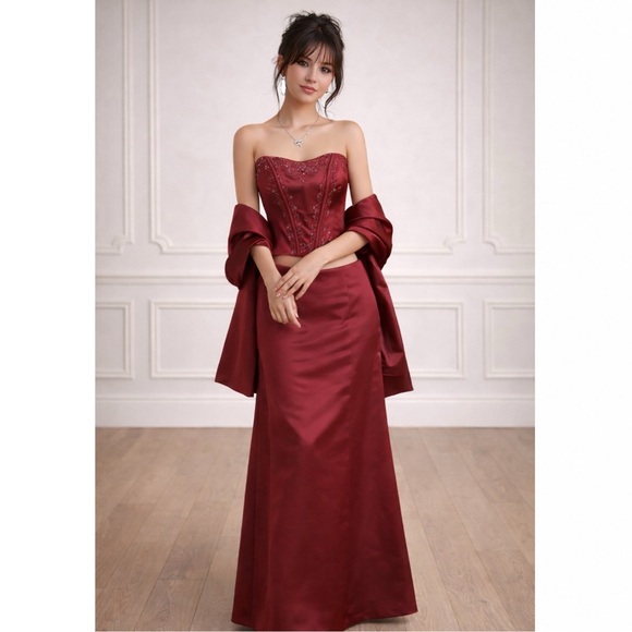 Reformation Dresses & Skirts - Satin Beaded Matching Set Maxi Dress Burgundy Corset Embellished Vintage Sz xs
